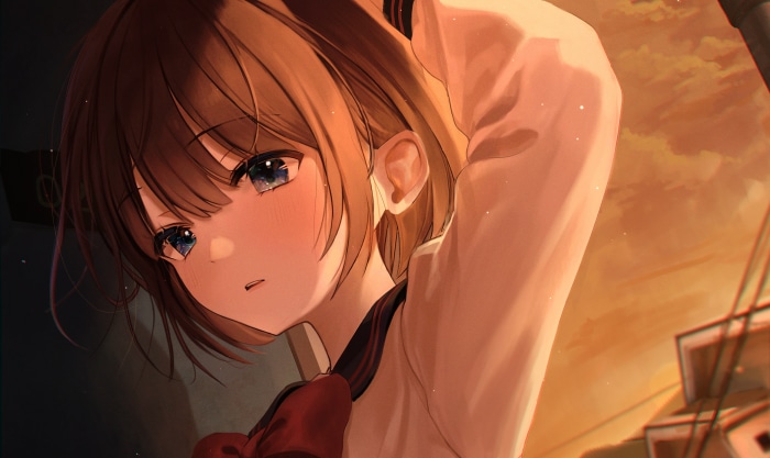 Anime girl with brown hair and blue eyes