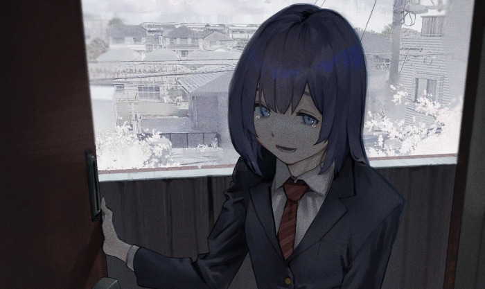 Girl in school uniform looking out window