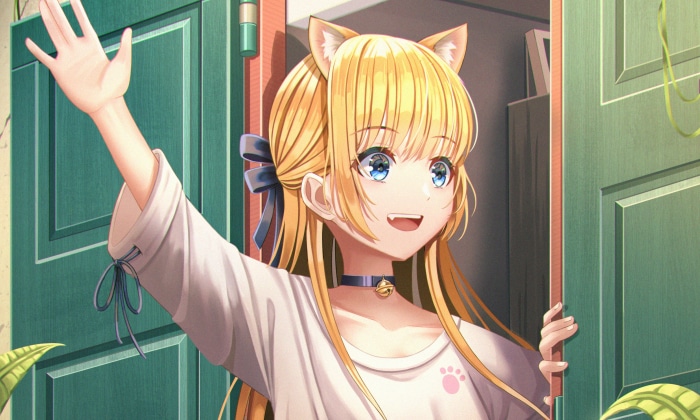 Anime girl with cat ears waving hello