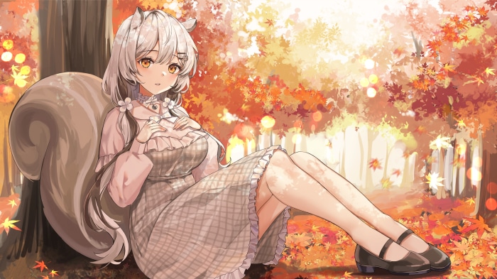 Girl with squirrel tail in autumn forest 4K