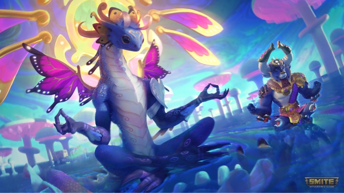 Tiamat from Smite meditating in a fantasy world
