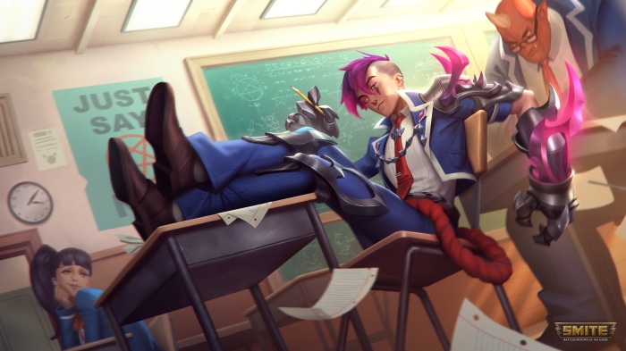 Demon Puncher Mercury from Smite in a classroom