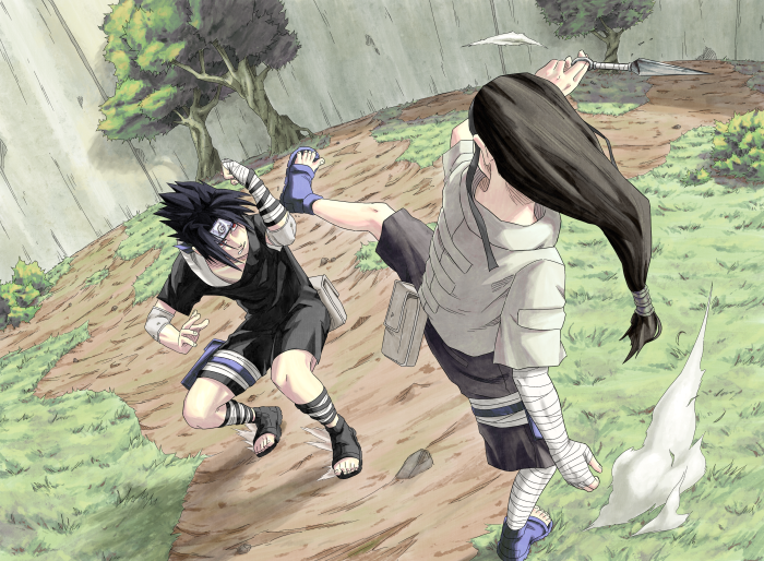 Sasuke Uchiha and Neji Hyuga fighting