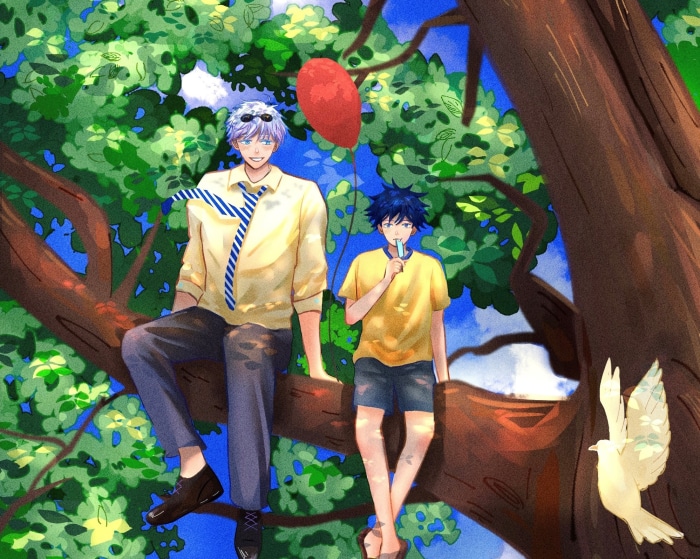 Satoru Gojo and Megumi Fushiguro from Jujutsu Kaisen sitting on a tree