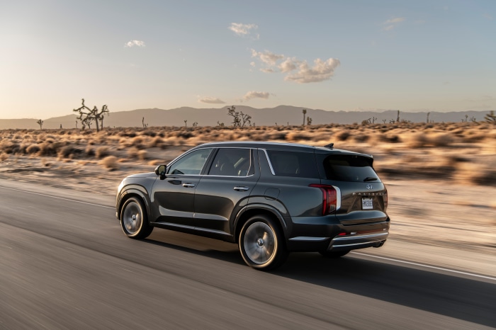 Hyundai Palisade driving through desert landscape