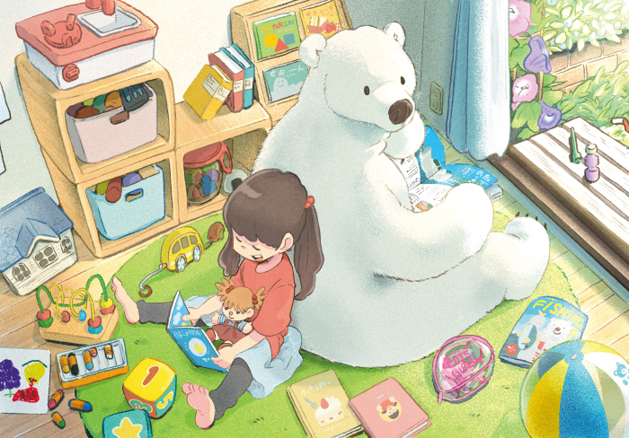 Girl reading with a polar bear in a playroom