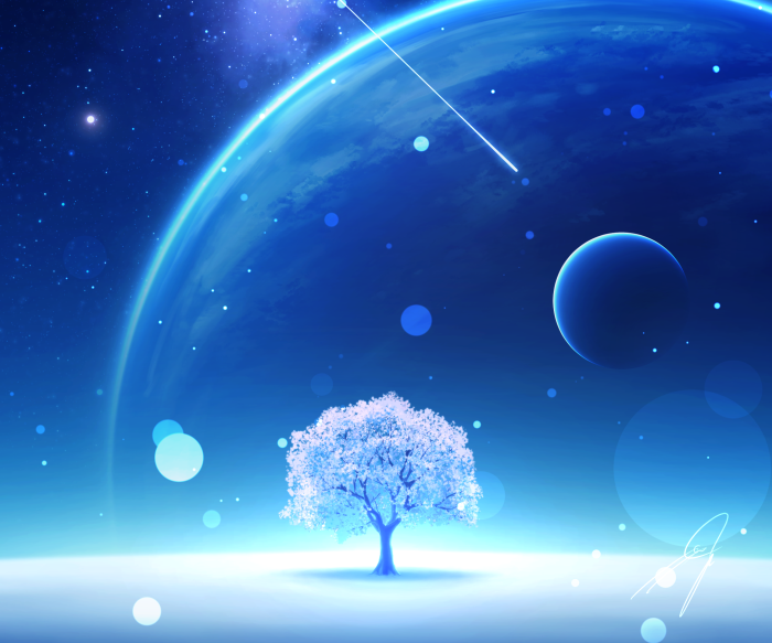 Tree in a blue alien landscape with planets