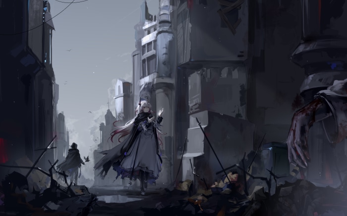 Theresa from Arknights in a ruined city