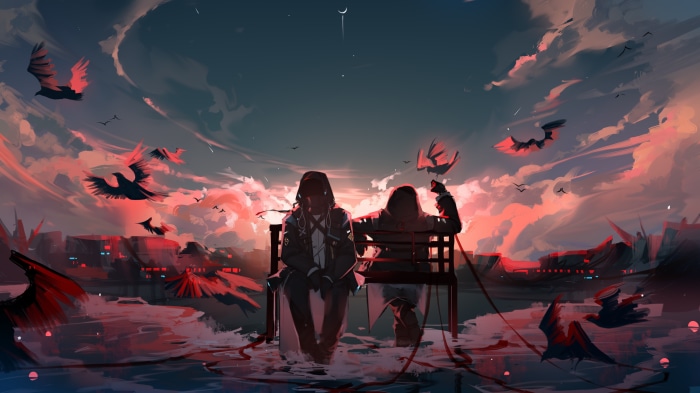 Doctor from Arknights sitting on a bench with another person