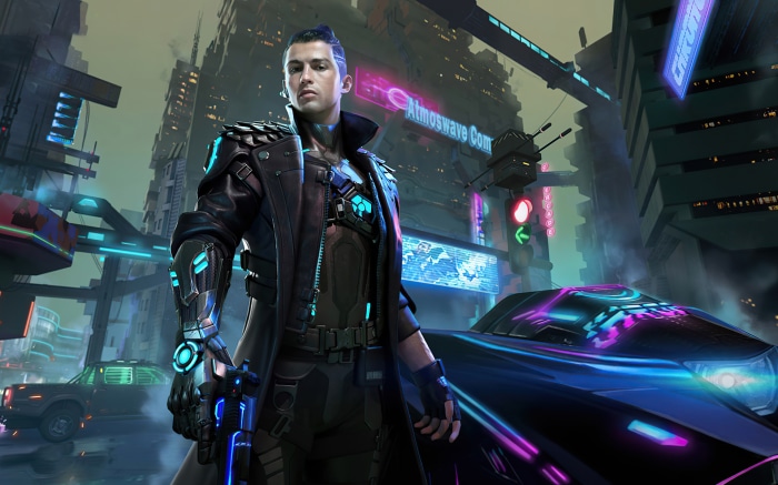 Cristiano Ronaldo from Garena Free Fire in futuristic city