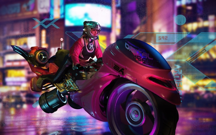 Woman riding a futuristic motorcycle in a cyberpunk city