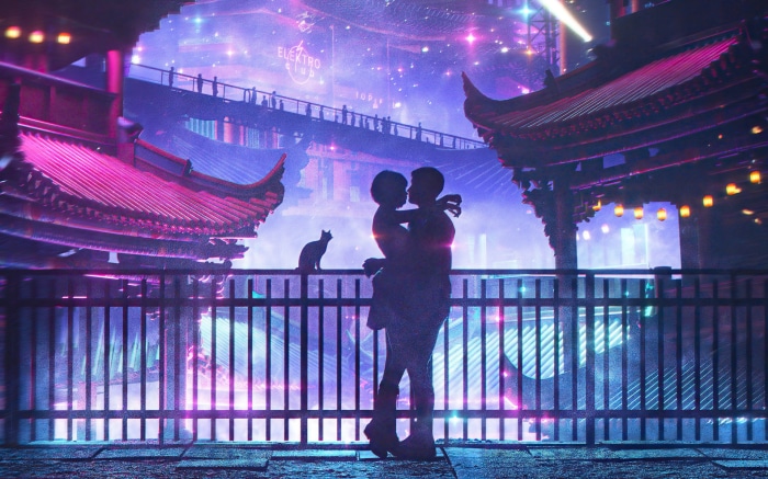 Couple embracing in a futuristic cyberpunk city