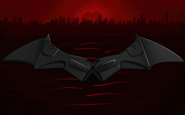 Batman symbol over Gotham City skyline