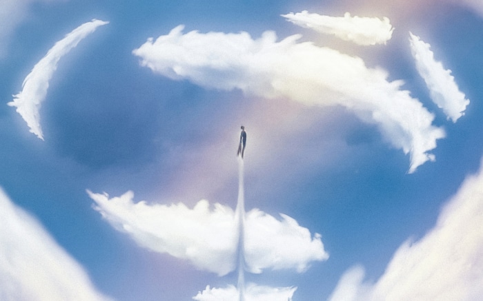 Superman flying through clouds