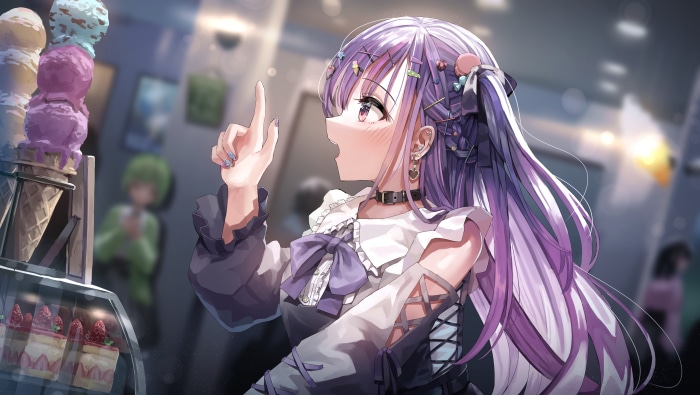 Anime girl with purple hair at ice cream shop 4K