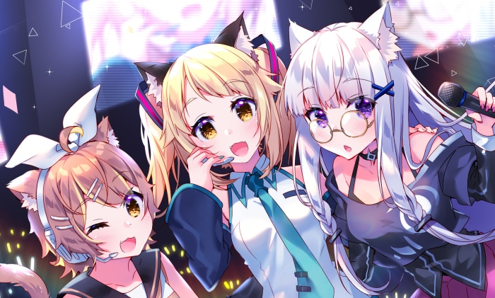 Three anime girls with cat ears singing