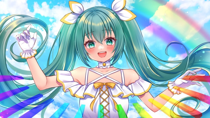Hatsune Miku singing with a rainbow in the sky