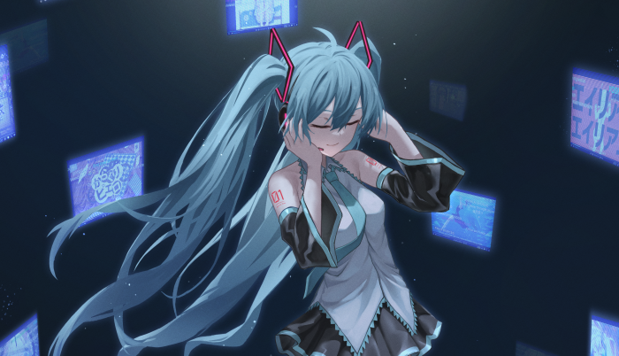 Hatsune Miku surrounded by digital screens