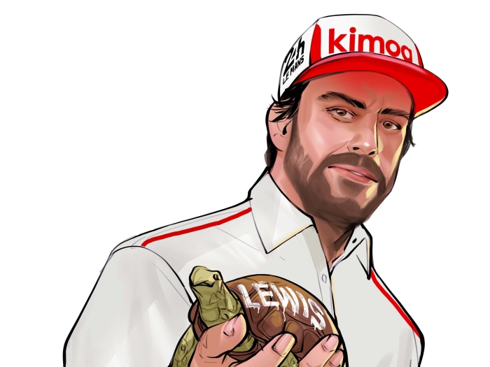 Fernando Alonso holding a turtle