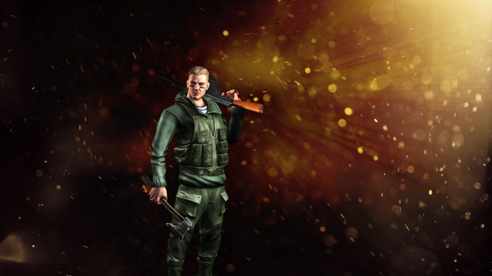 Ivan Vasilyev with rifle and axe