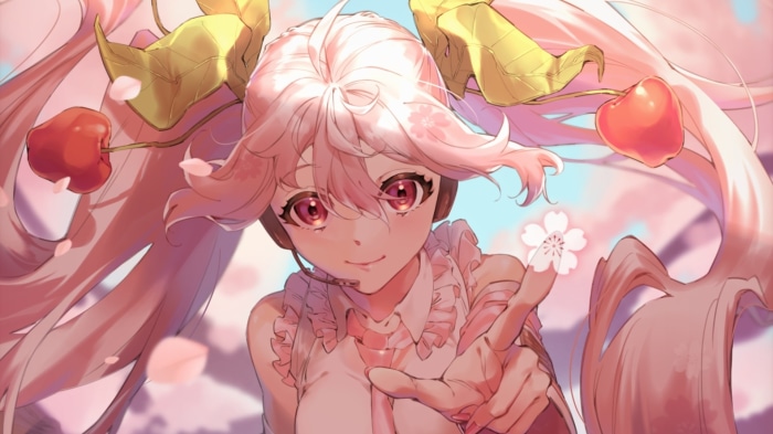 Sakura Miku Vocaloid with cherries and cherry blossoms