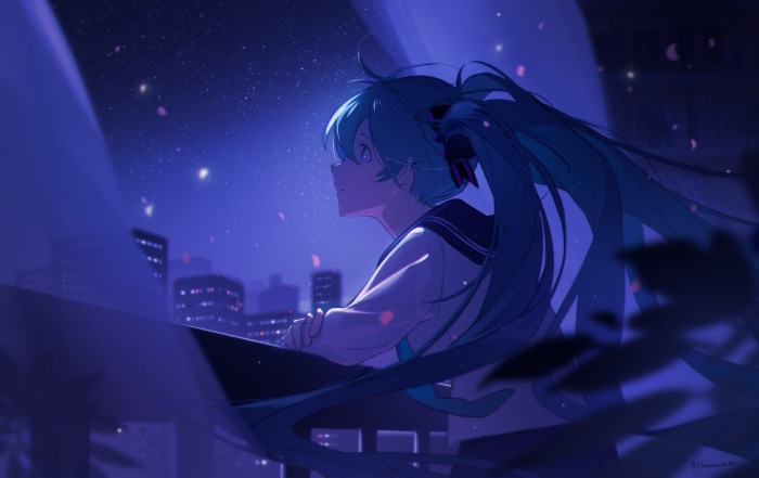 Hatsune Miku looking at the night sky over a city