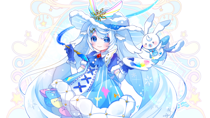 Hatsune Miku painting with a bunny companion