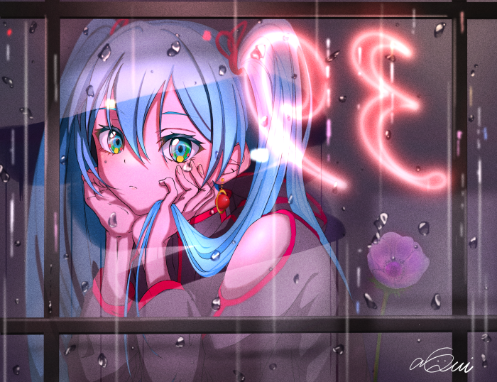 Hatsune Miku looking out a rainy window