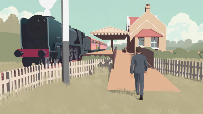 Man walks towards train at station