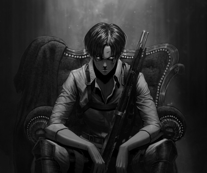 Levi Ackerman from Attack On Titan sitting on a chair with a rifle