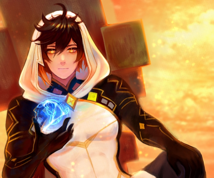 Zhongli from Genshin Impact holding a Geo orb