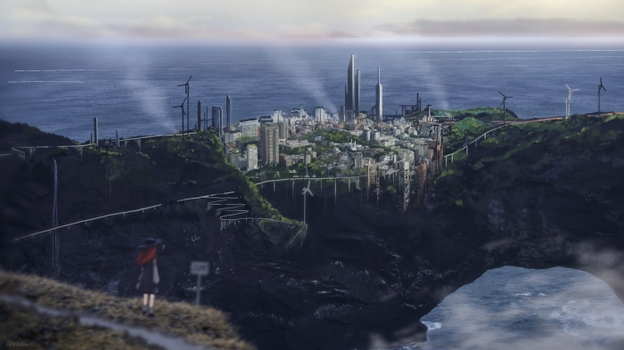 Futuristic city on a cliff overlooking the ocean