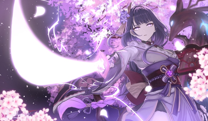 Raiden Shogun from Genshin Impact with cherry blossoms