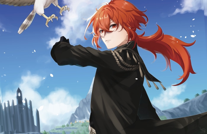 Diluc from Genshin Impact with a bird