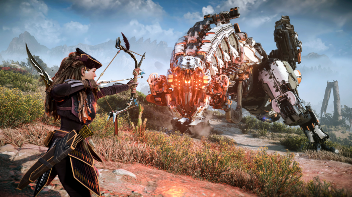 Aloy from Horizon Forbidden West aiming bow at machine