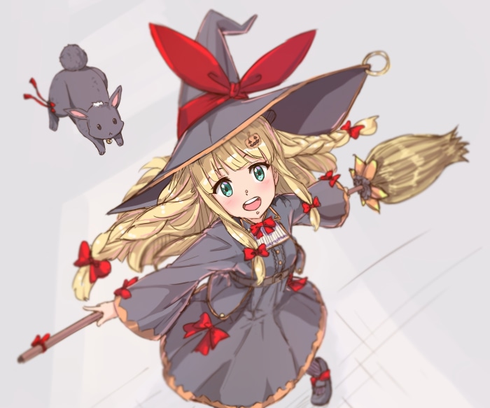 Mononobe Alice flying on a broom with a bunny