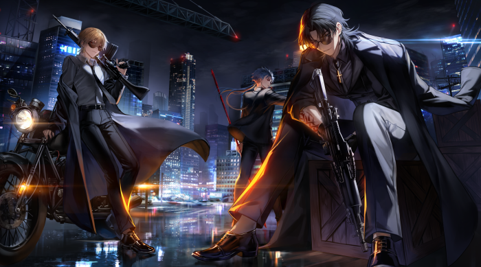 Three men with guns in a city at night