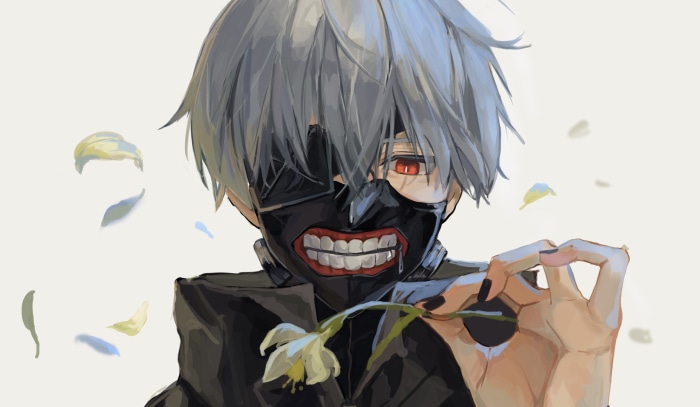 Ken Kaneki from Tokyo Ghoul holding a flower