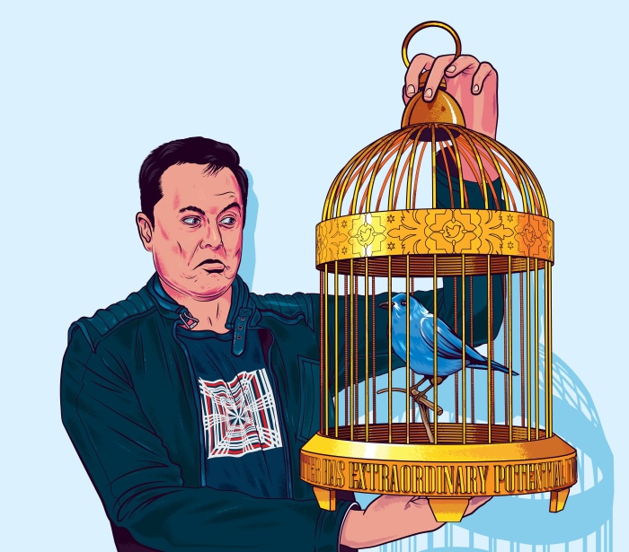 Elon Musk holding a bird in a cage