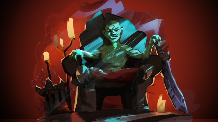Goblin King sitting on a throne with a sword