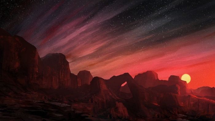 Arid landscape with a red sky and stars