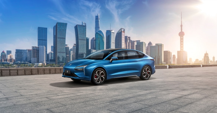 JMEV Yi 4K electric car in Shanghai skyline