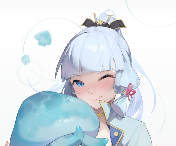 Kamisato Ayaka from Genshin Impact holding a blue creature