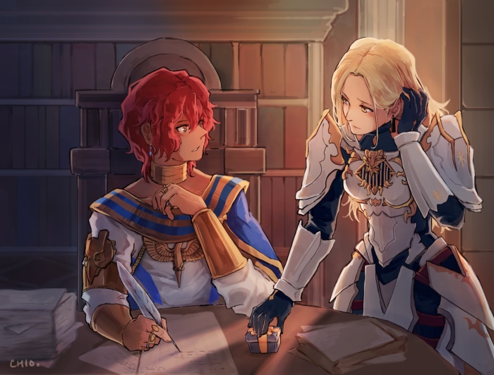 Dohalim and Kisara from Tales of Arise in a library