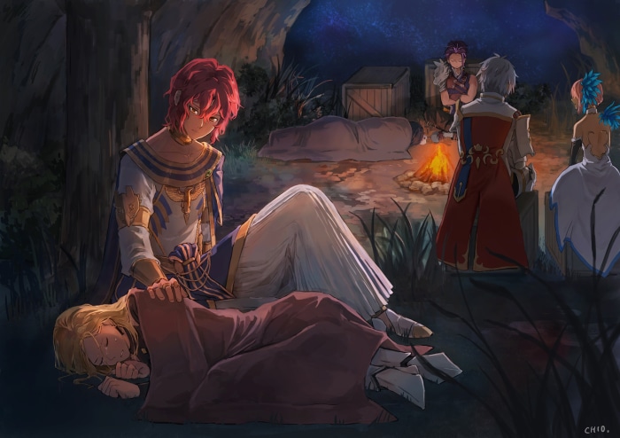 Characters from Tales of Arise camping by a fire