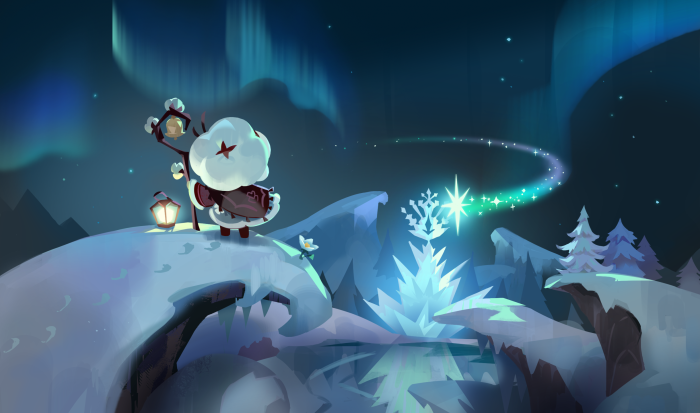 Cotton Cookie in a winter scene with aurora borealis