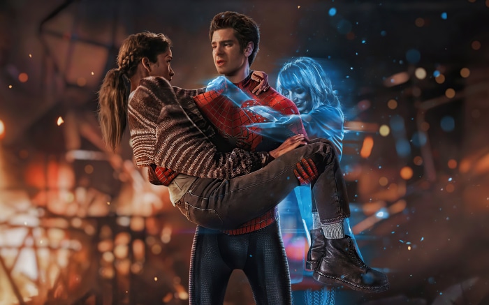 Spider-Man carrying Gwen Stacy with ghostly MJ