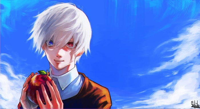 Ken Kaneki from Tokyo Ghoul holding an apple