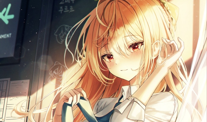 Anime girl with blonde hair and red eyes