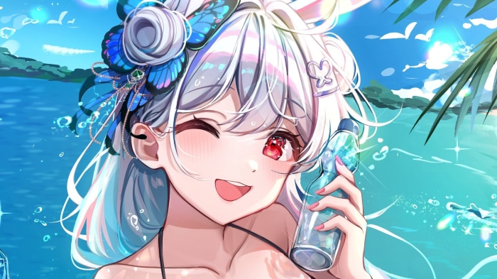 Anime girl with butterfly hair clips holding a drink